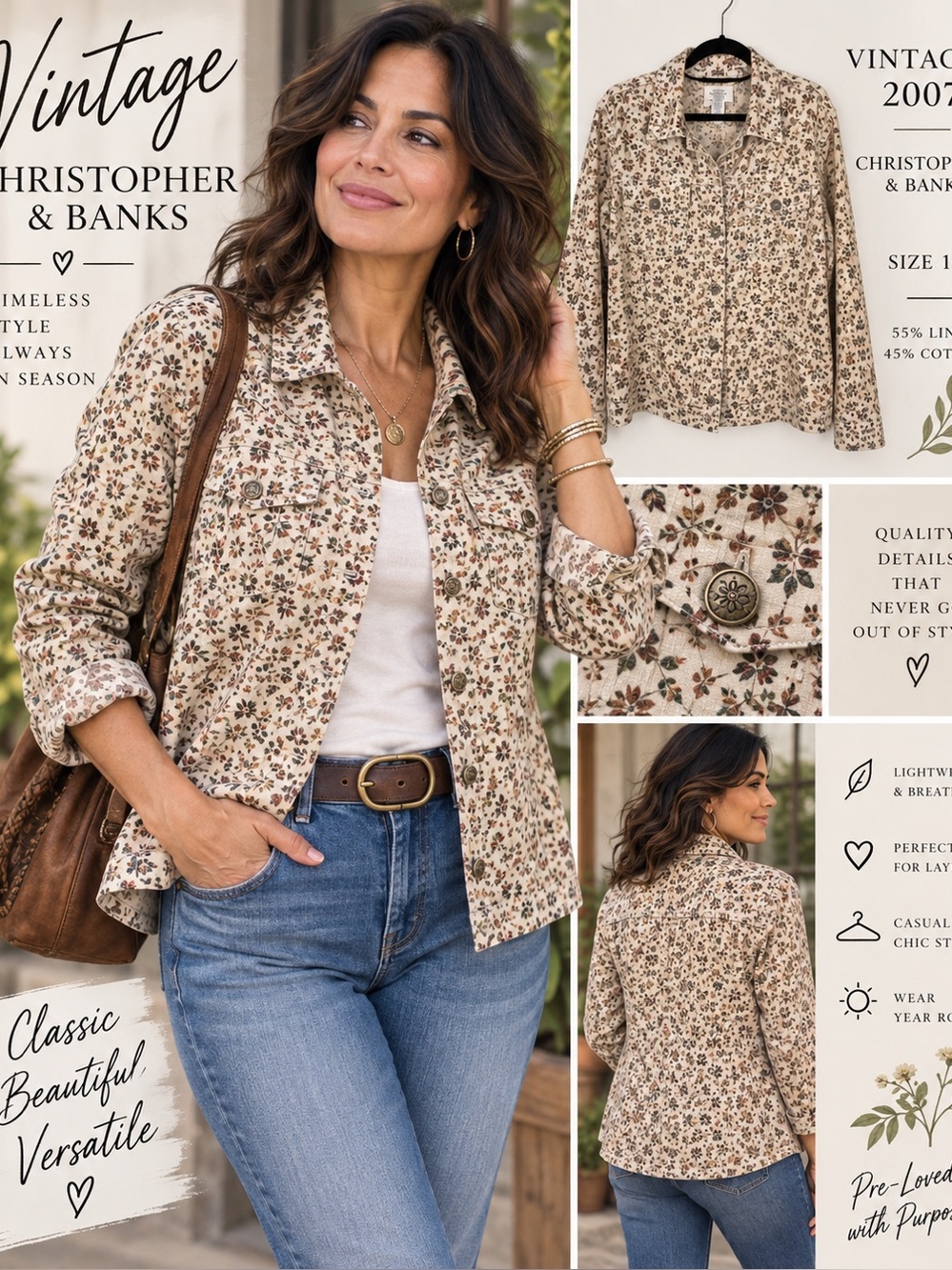 Vintage Christopher & Banks 2007 Linen Cotton Floral Button Front Jacket Blouse